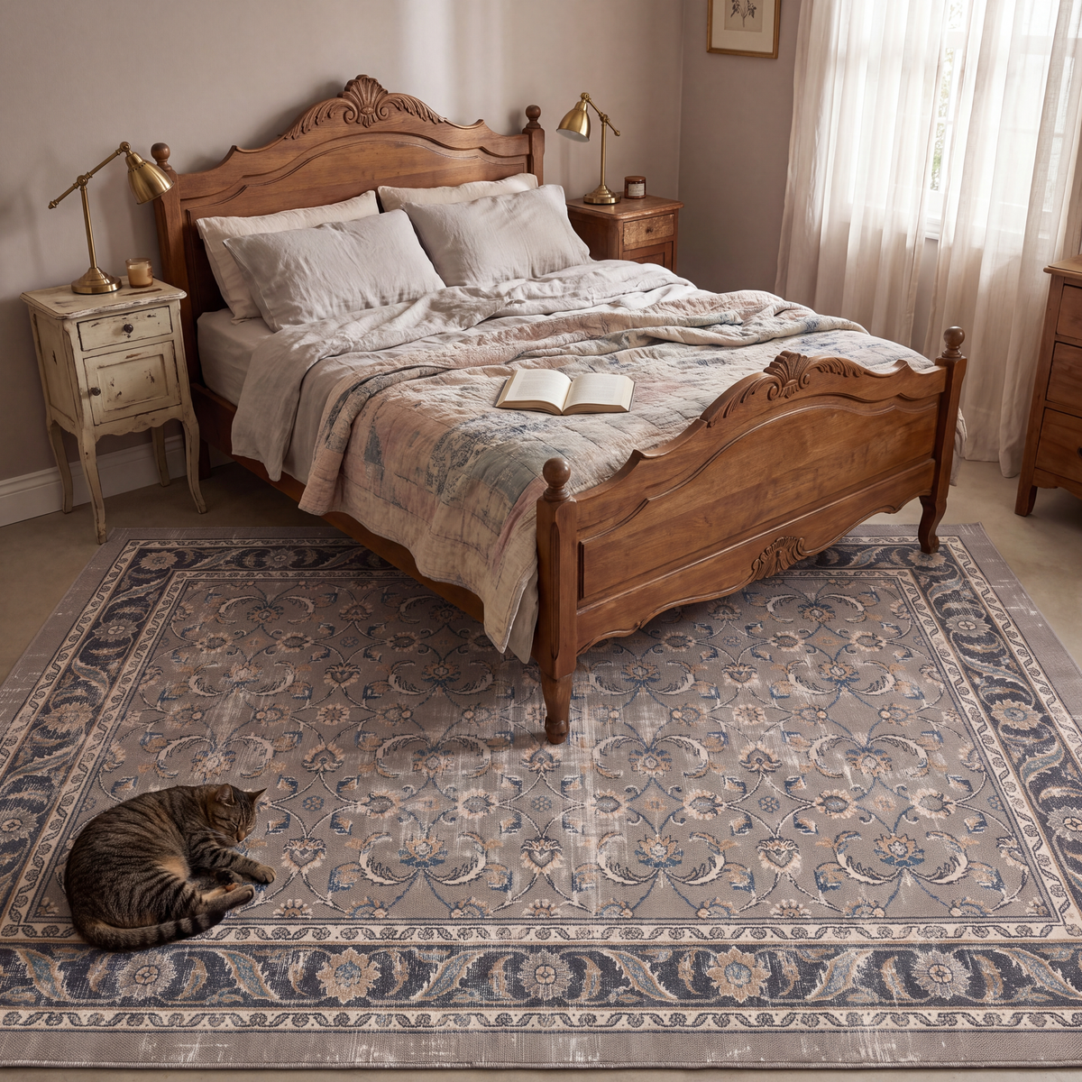 The rug at the foot of a bed with a cat asleep on it.