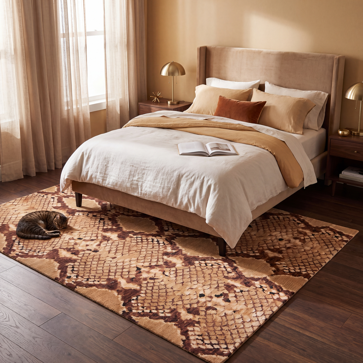 The rug at the foot of a bed with a cat asleep on it.