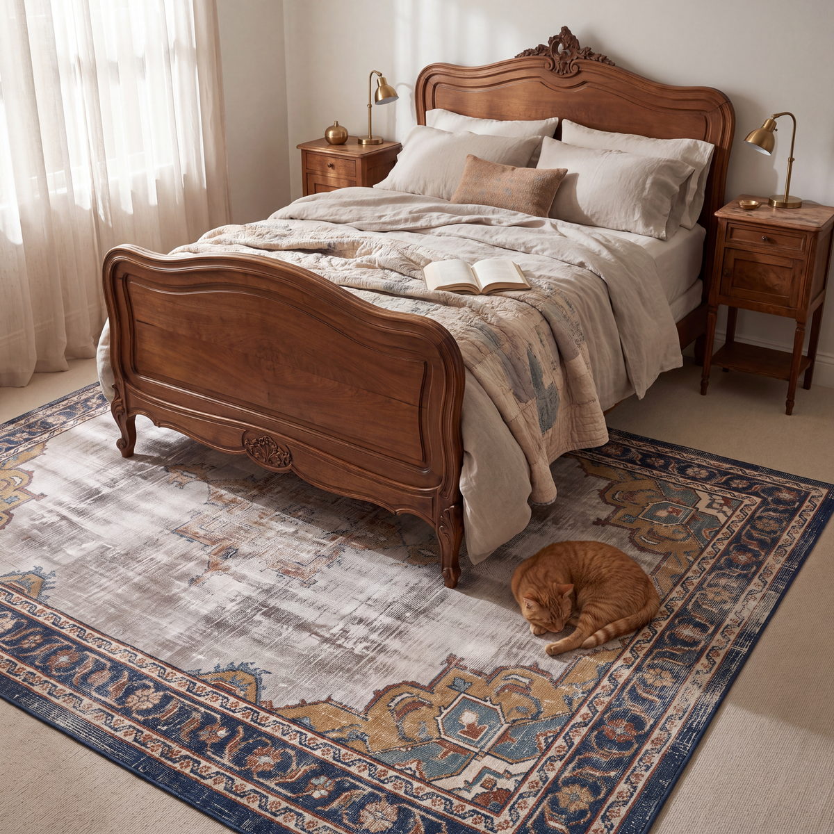 The rug at the foot of a bed with a cat asleep on it.