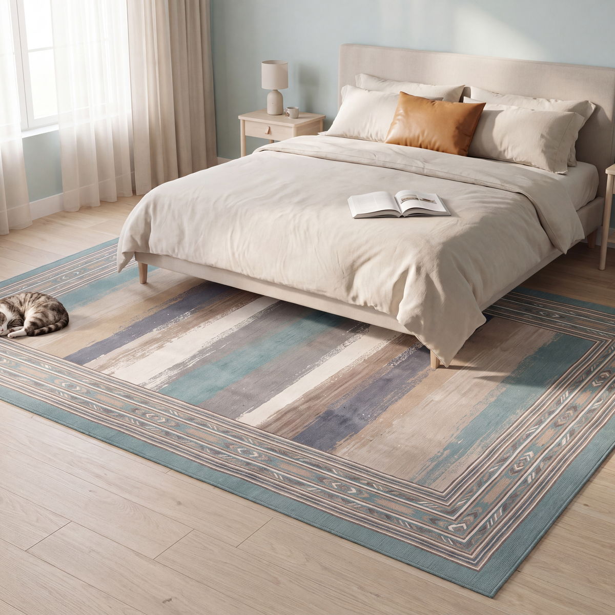 The rug at the foot of a bed with a cat asleep on it.