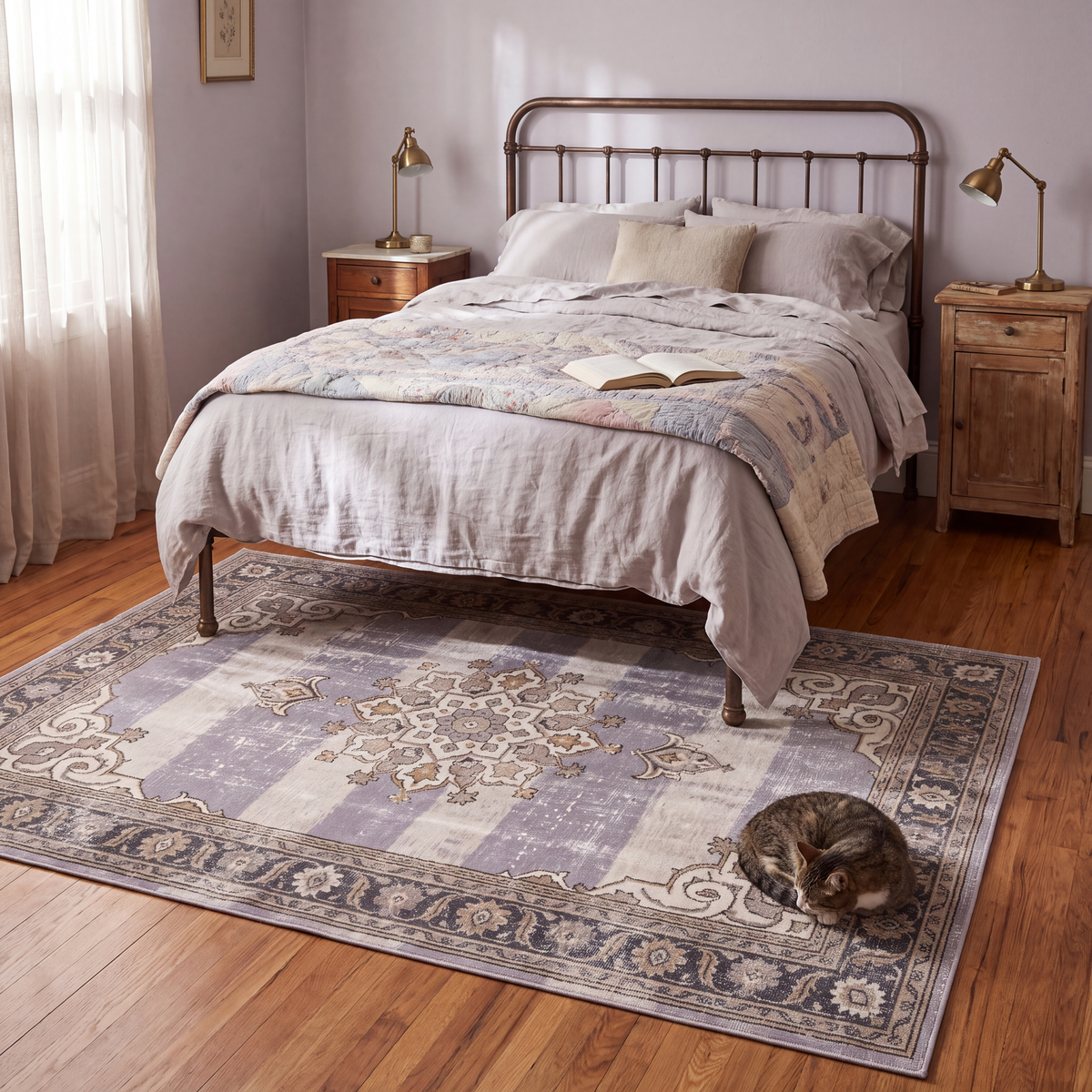 The rug at the foot of a bed with a cat asleep on it.
