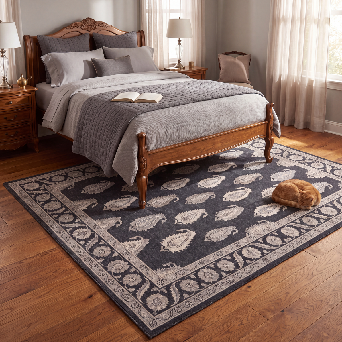 The rug at the foot of a bed with a cat asleep on it.