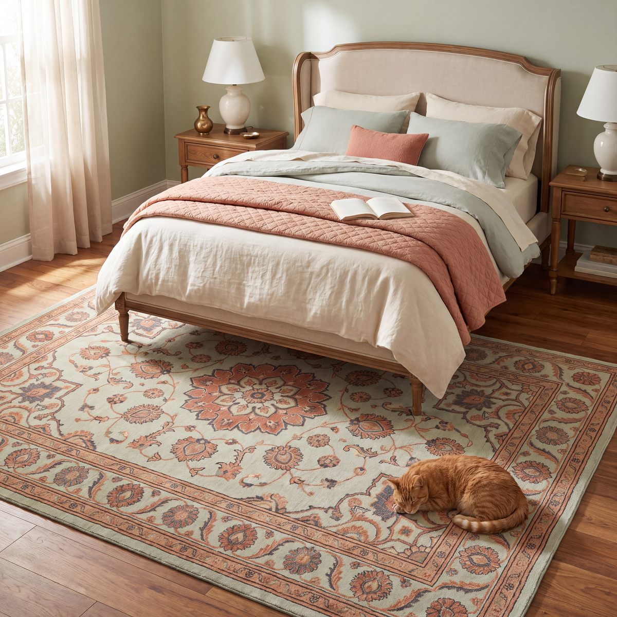 The rug at the foot of a bed with a cat asleep on it.
