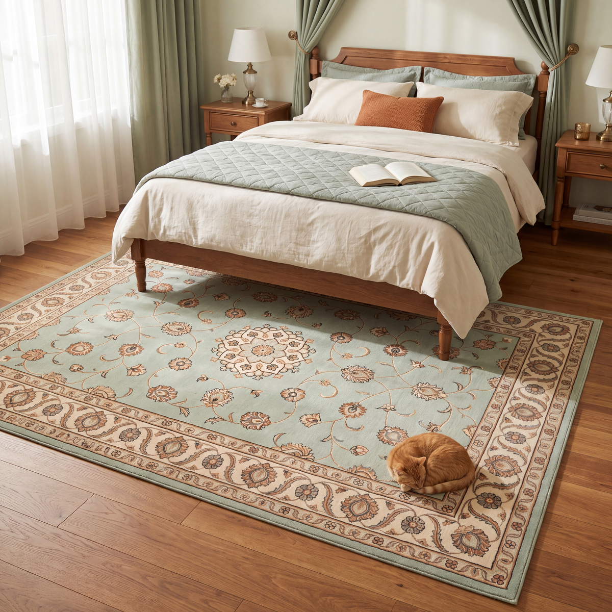 The rug at the foot of a bed with a cat asleep on it.