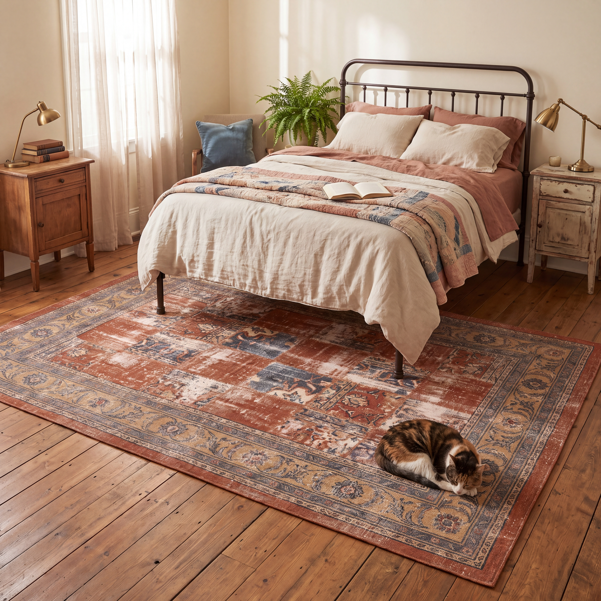 The rug at the foot of a bed with a cat asleep on it.