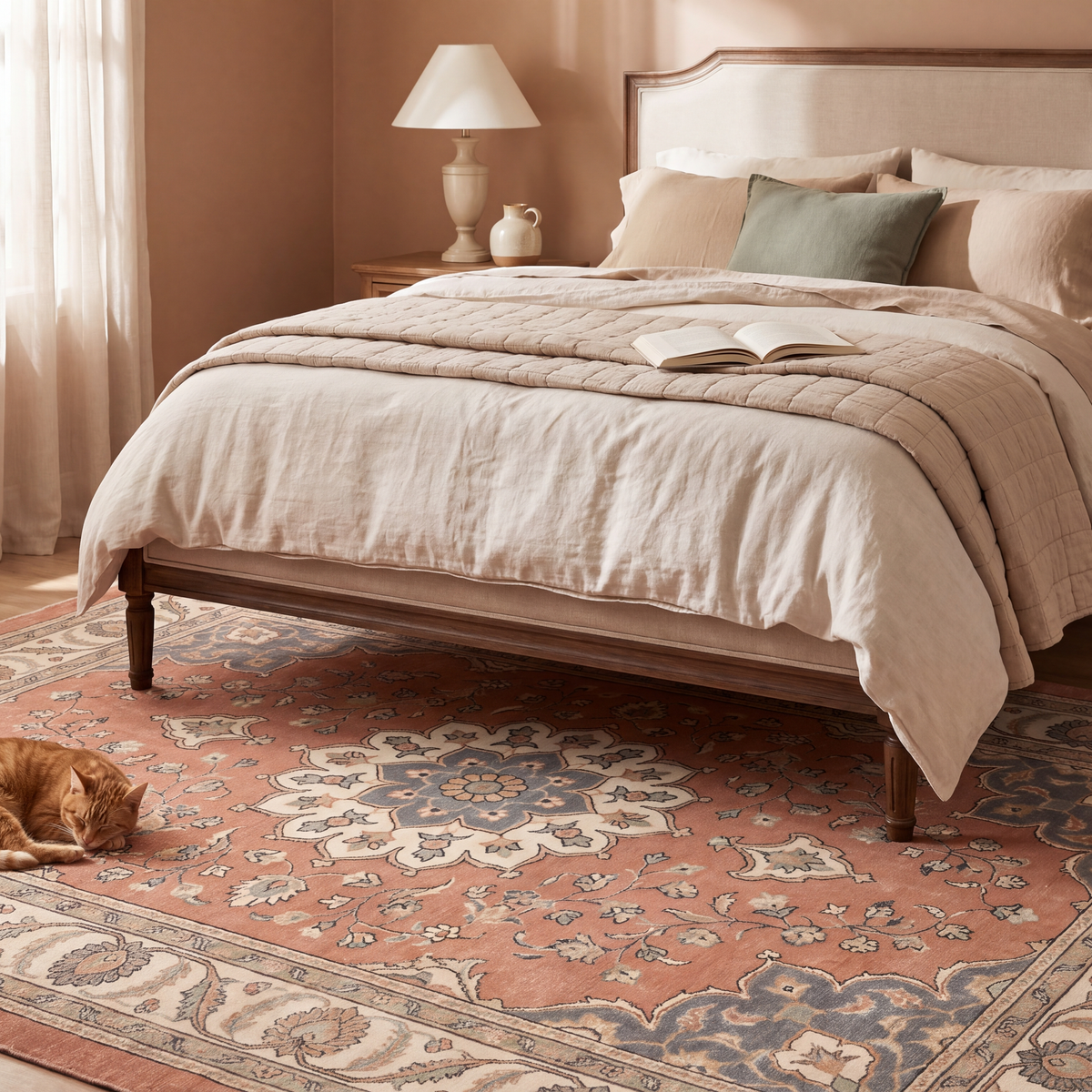 The rug at the foot of a bed with a cat asleep on it.