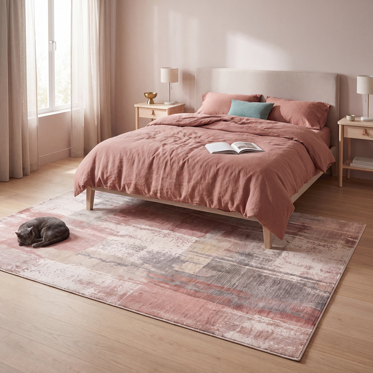 The rug at the foot of a bed with a cat asleep on it.