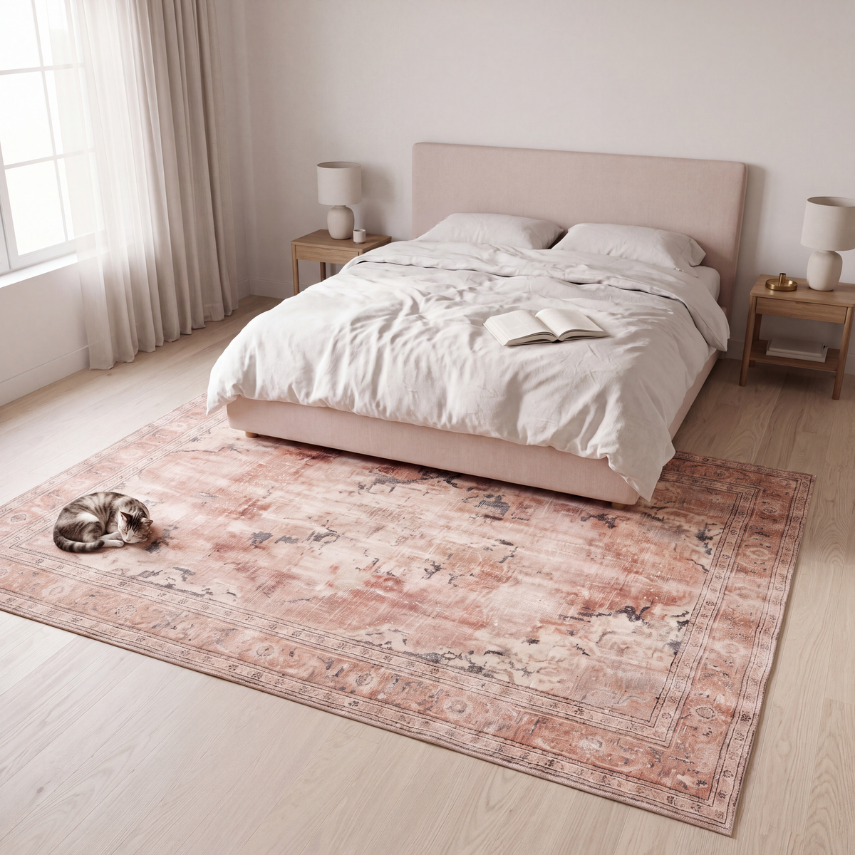 The rug at the foot of a bed with a cat asleep on it.