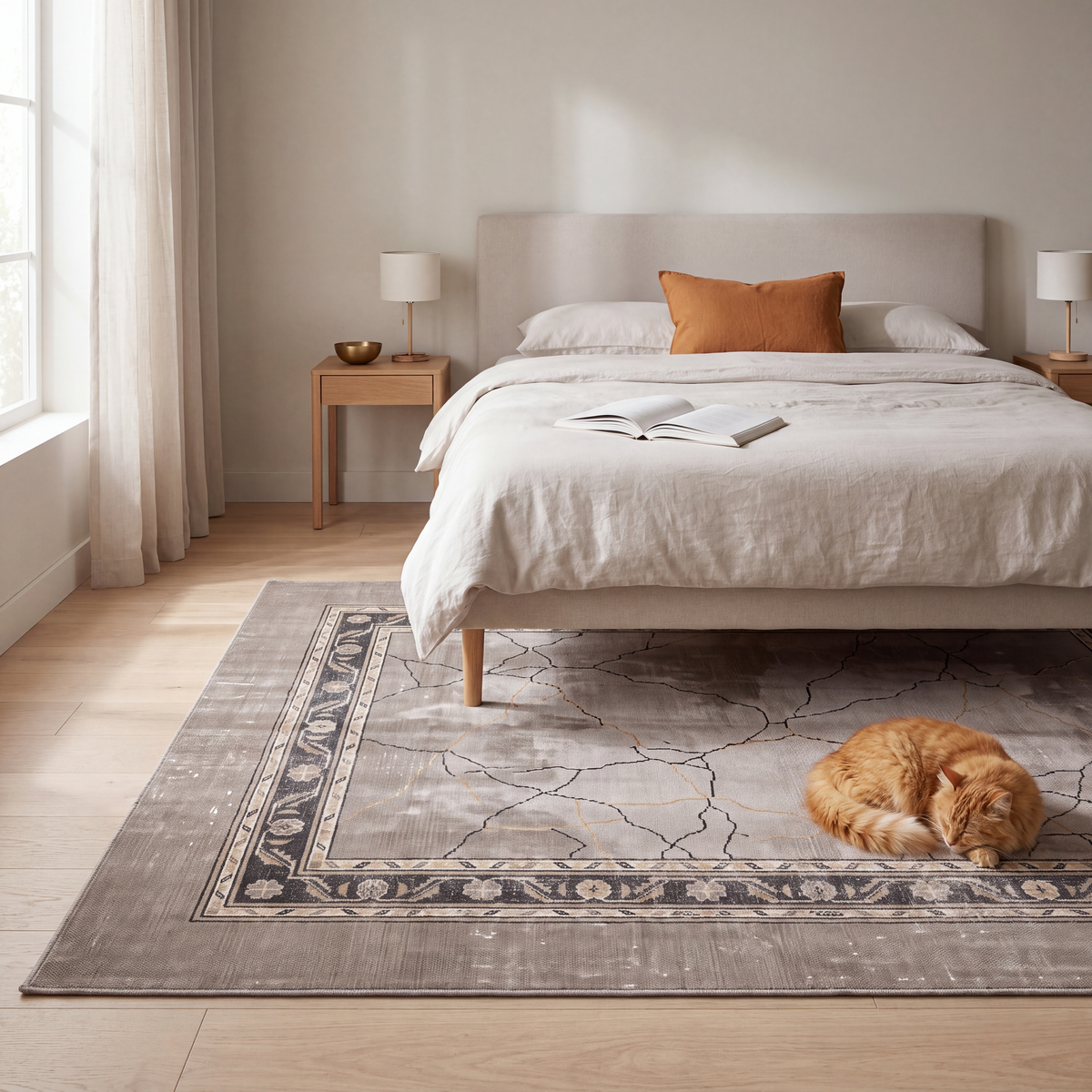 The rug at the foot of a bed with a cat asleep on it.