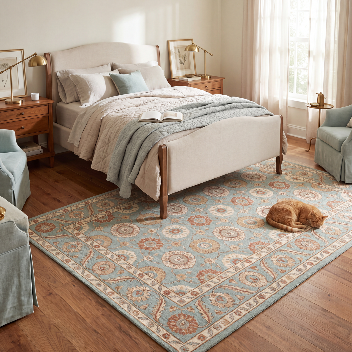The rug at the foot of a bed with a cat asleep on it.