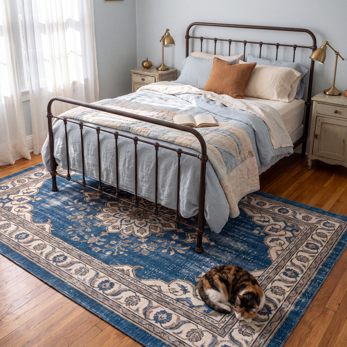 The rug at the foot of a bed with a cat asleep on it.