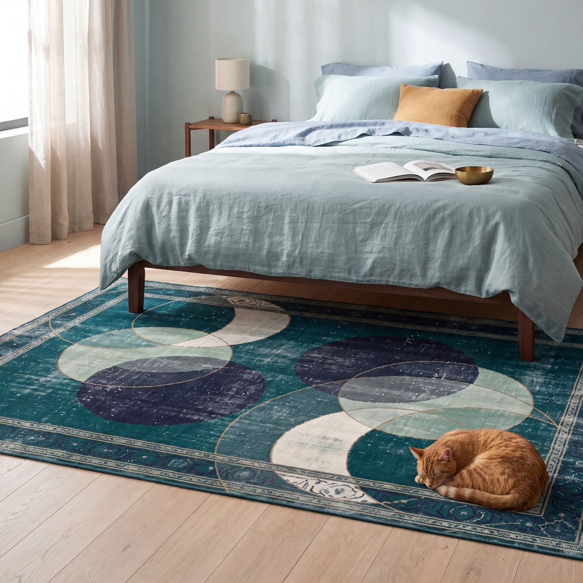The rug at the foot of a bed with a cat asleep on it.