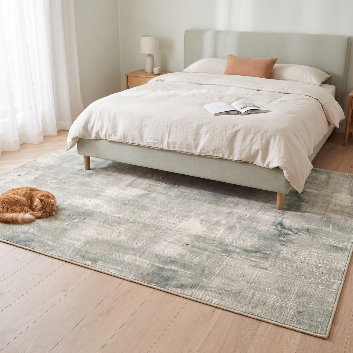 The rug at the foot of a bed with a cat asleep on it.