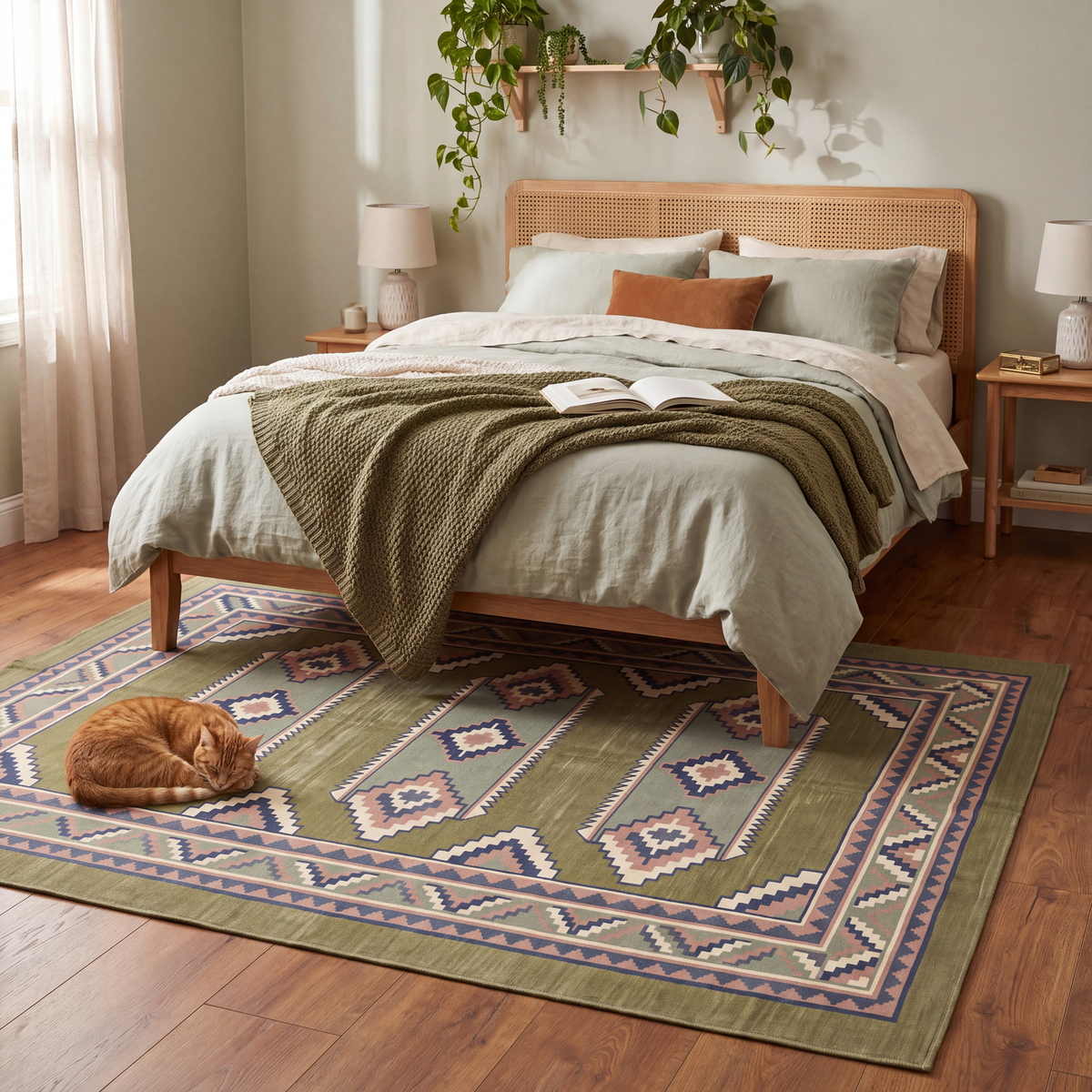 The rug at the foot of a bed with a cat asleep on it.