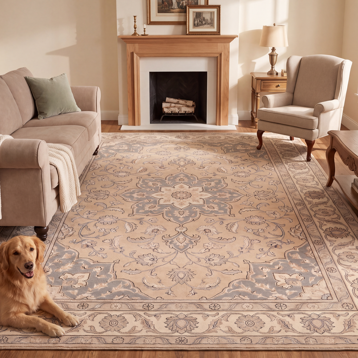 A dog resting on the rug in a living room.