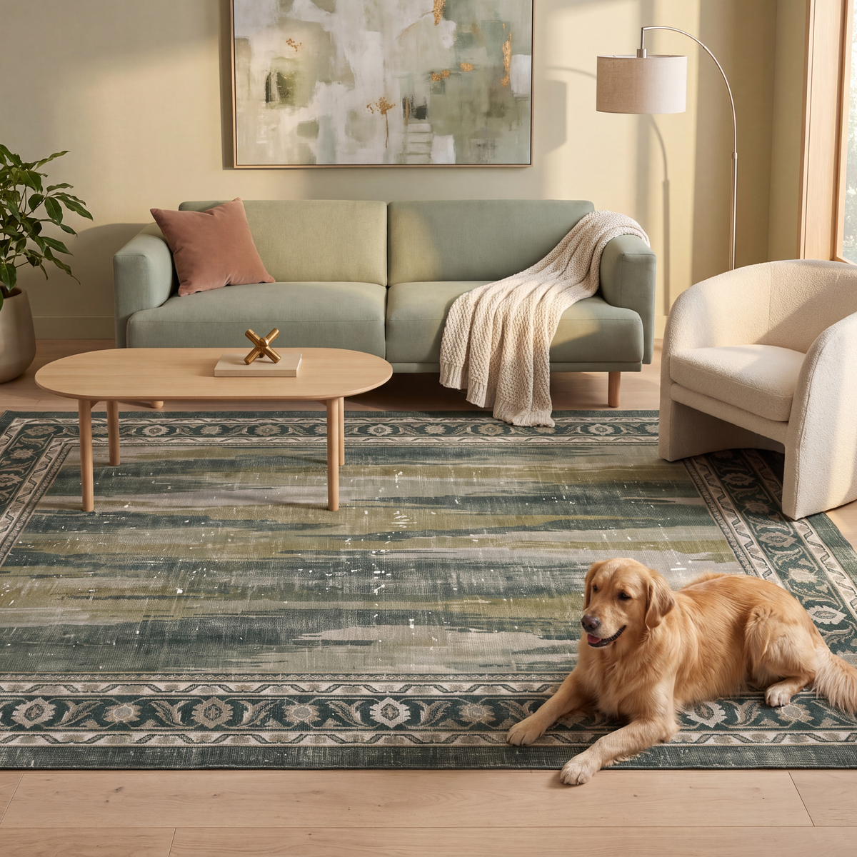A dog resting on the rug in a living room.