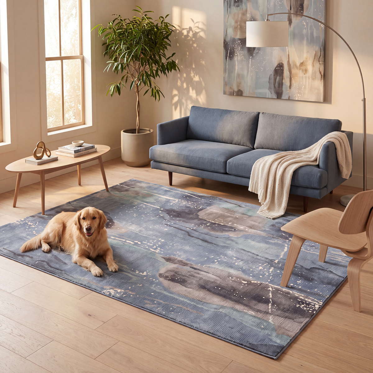 A dog resting on the rug in a living room.