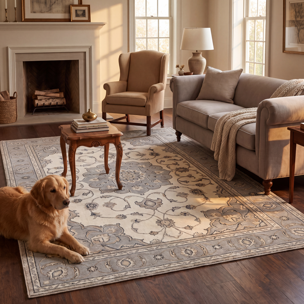 A dog resting on the rug in a living room.