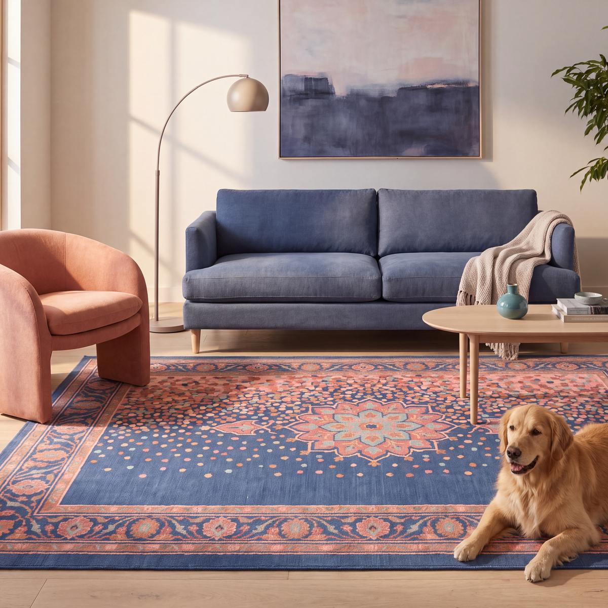 A dog resting on the rug in a living room.