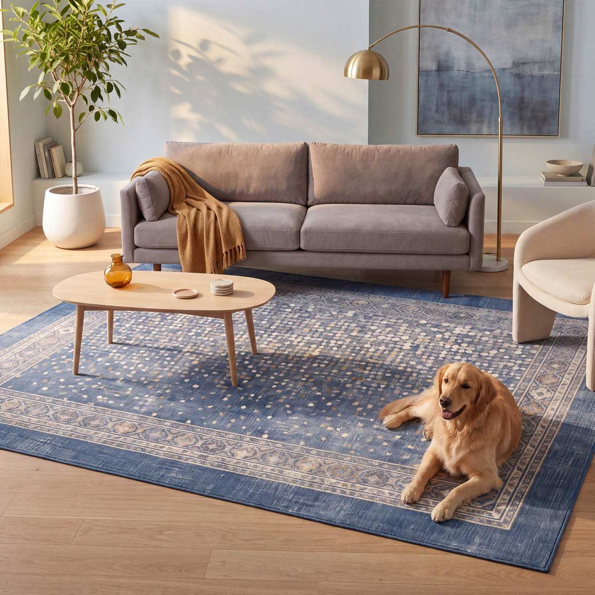 A dog resting on the rug in a living room.