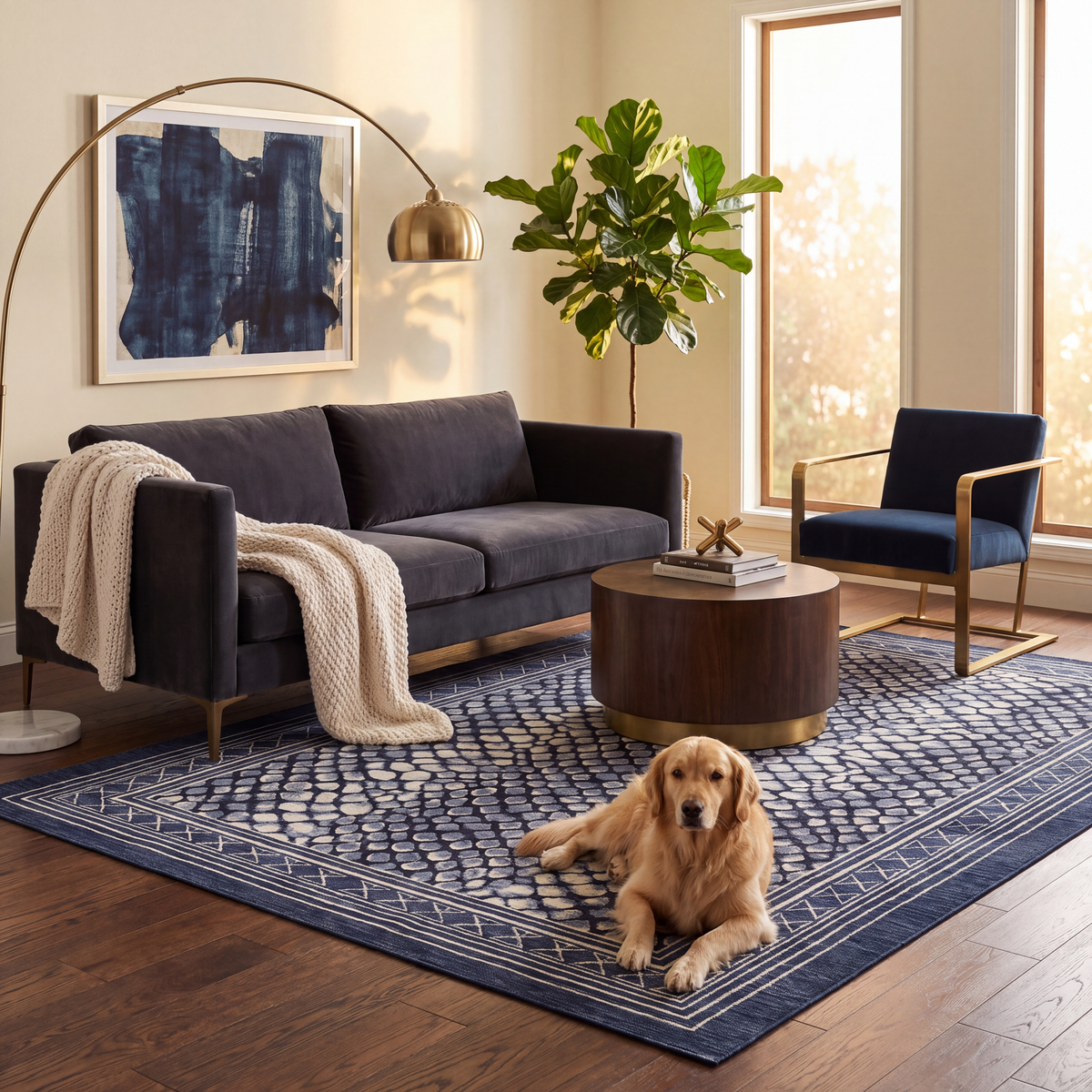 A dog resting on the rug in a living room.