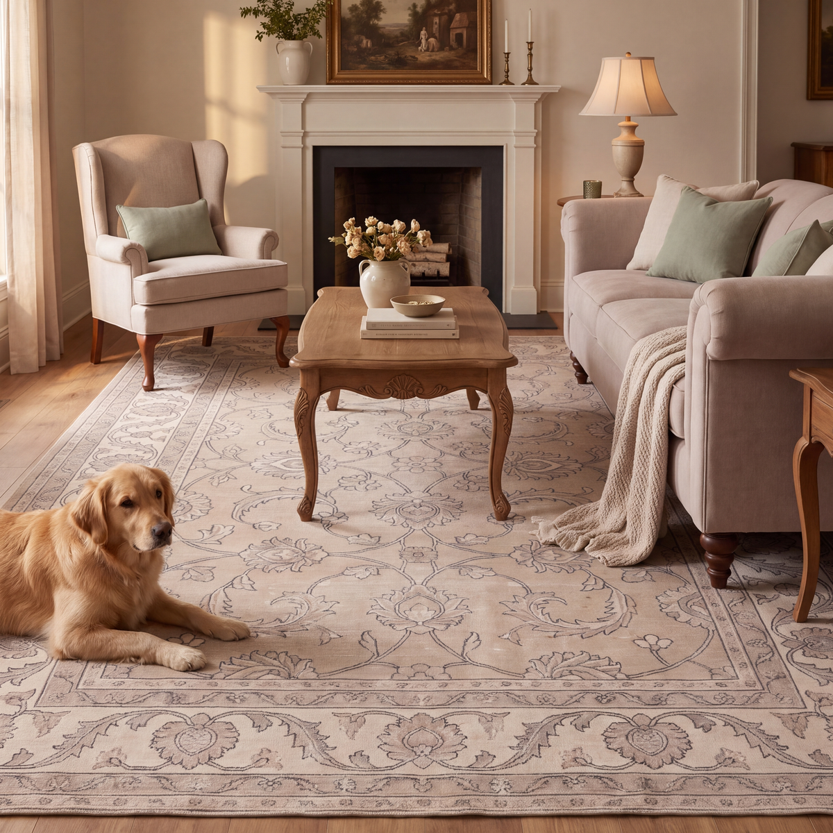 A dog resting on the rug in a living room.