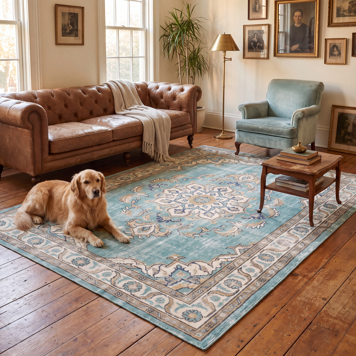A dog resting on the rug in a living room.