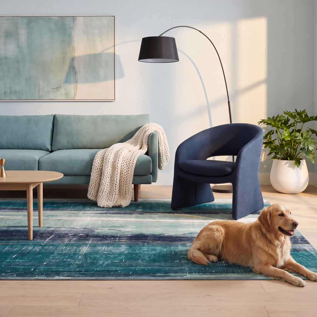 A dog resting on the rug in a living room.