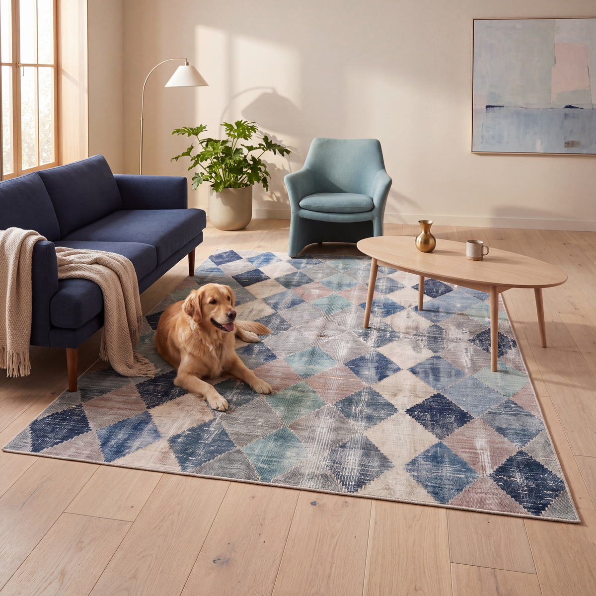 A dog resting on the rug in a living room.