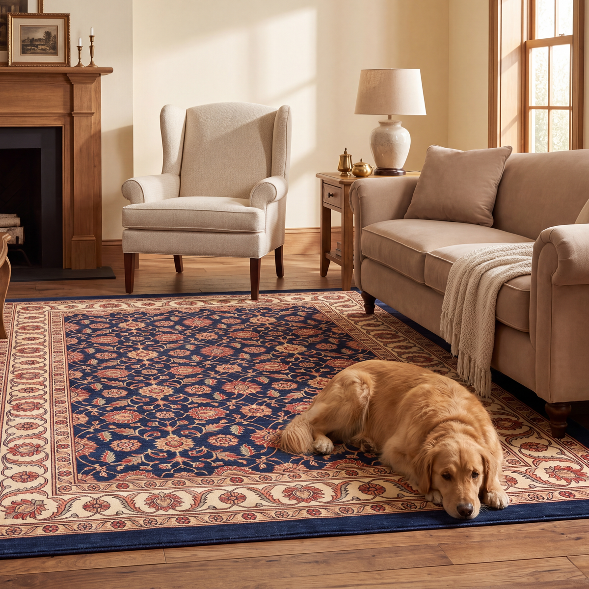 A dog resting on the rug in a living room.