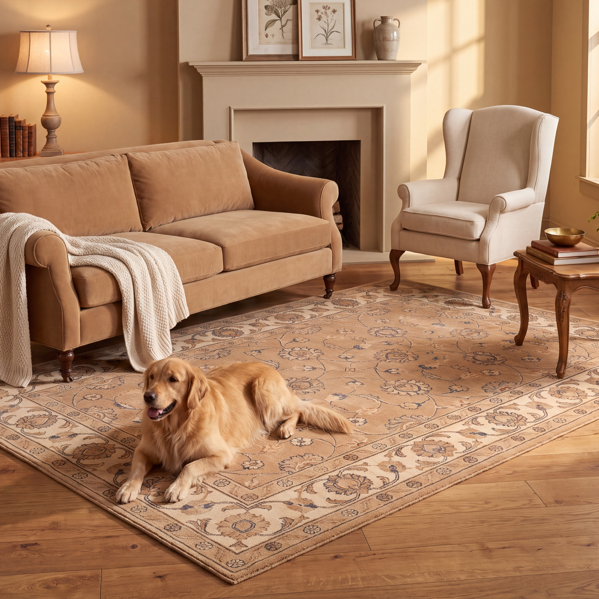 A dog resting on the rug in a living room.