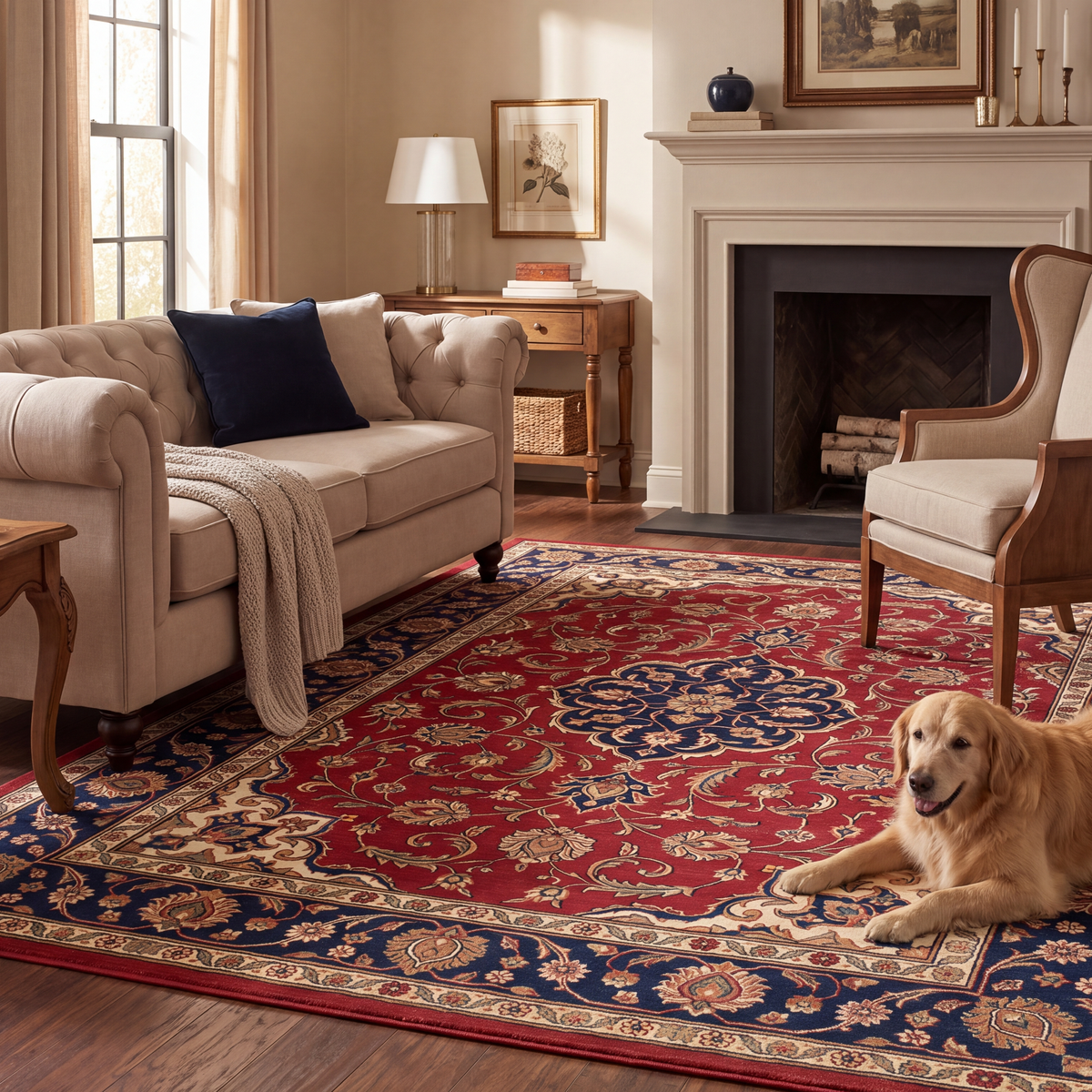 A dog resting on the rug in a living room.
