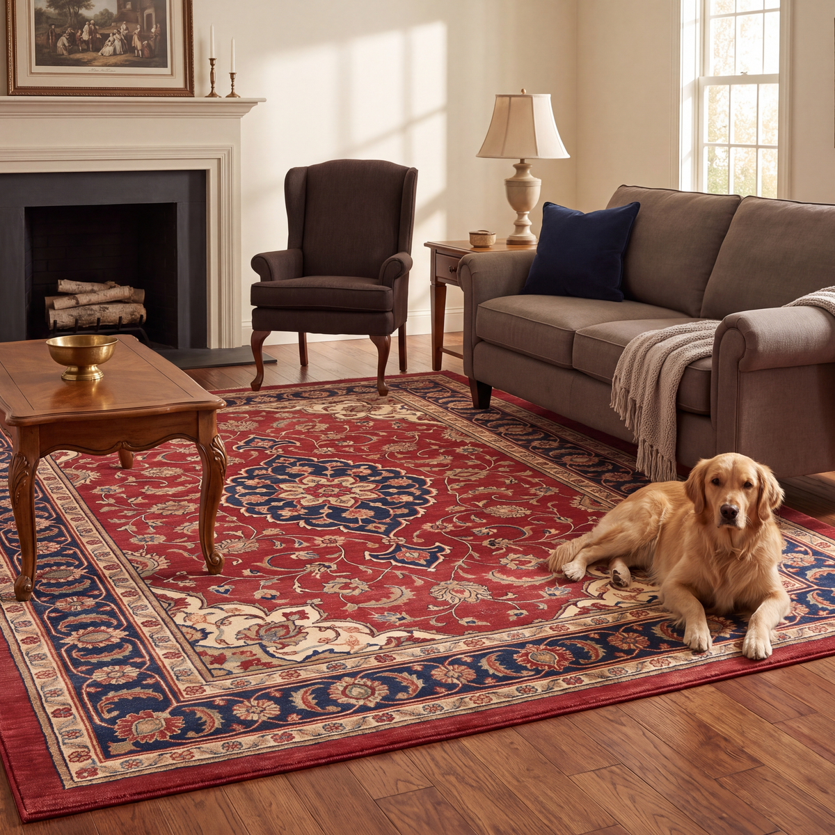 A dog resting on the rug in a living room.