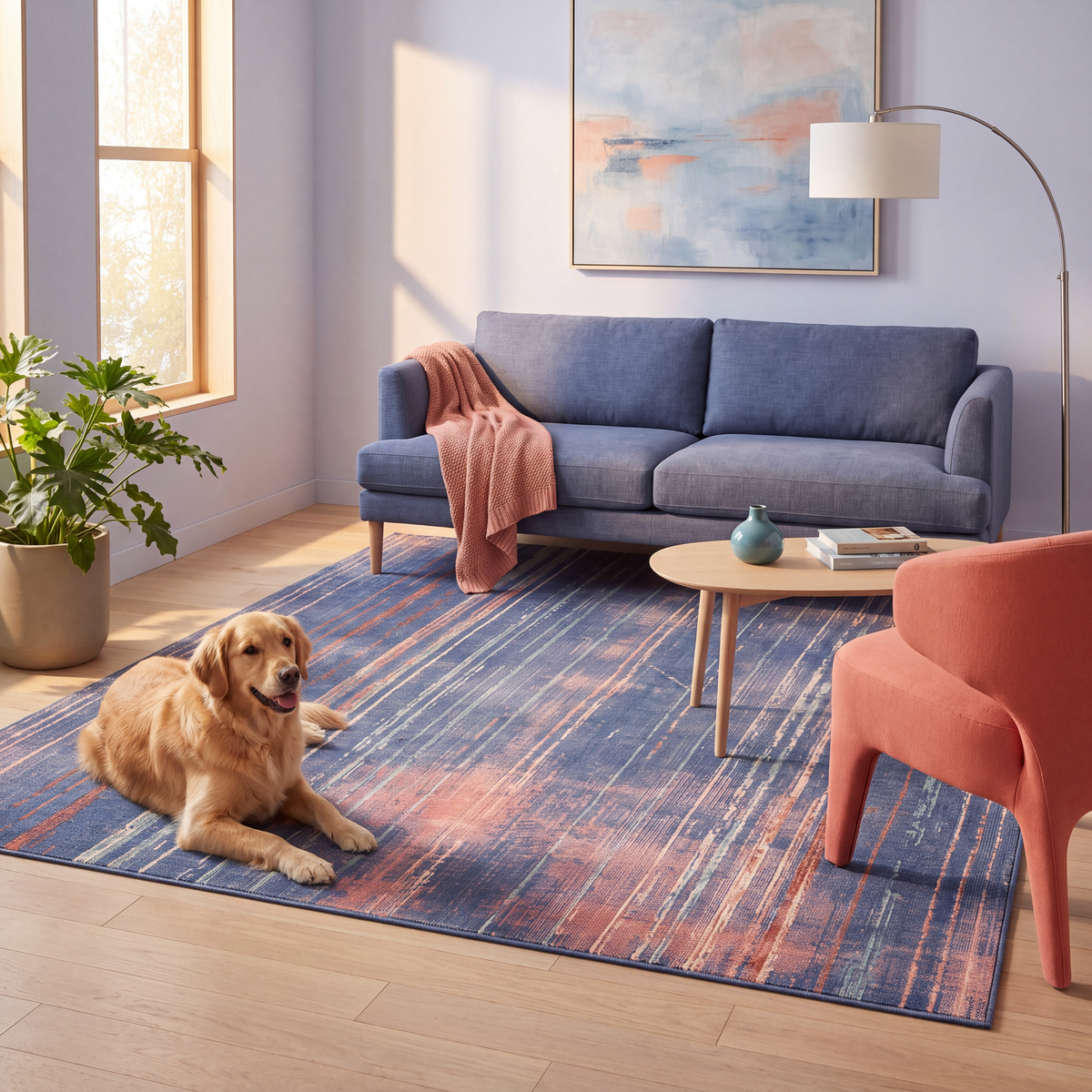 A dog resting on the rug in a living room.
