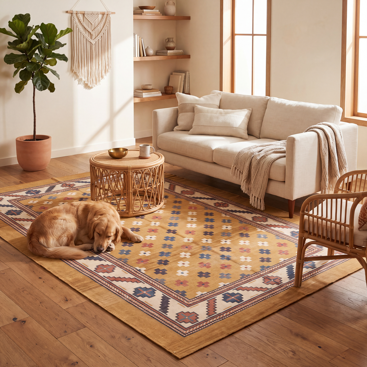 A dog resting on the rug in a living room.