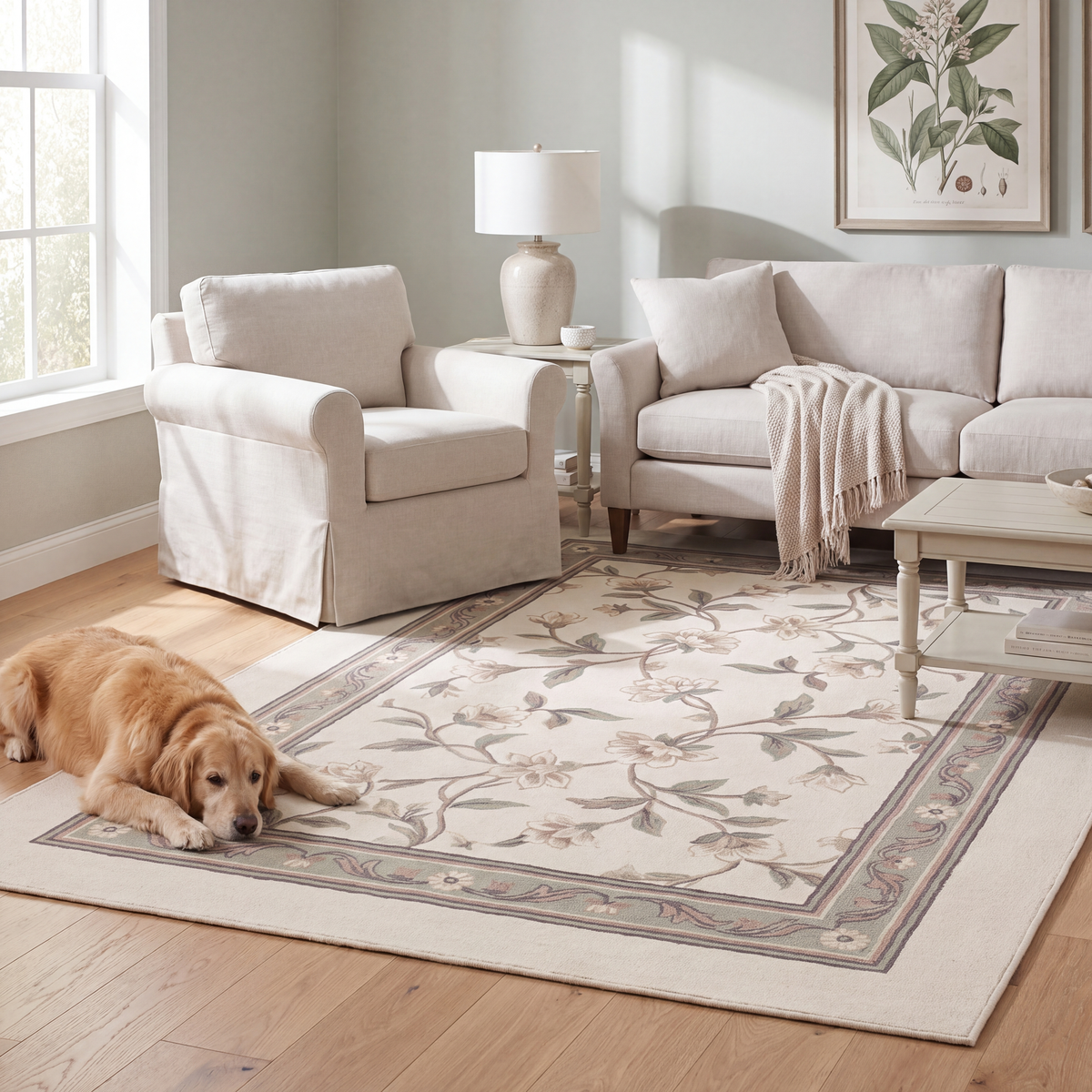A dog resting on the rug in a living room.