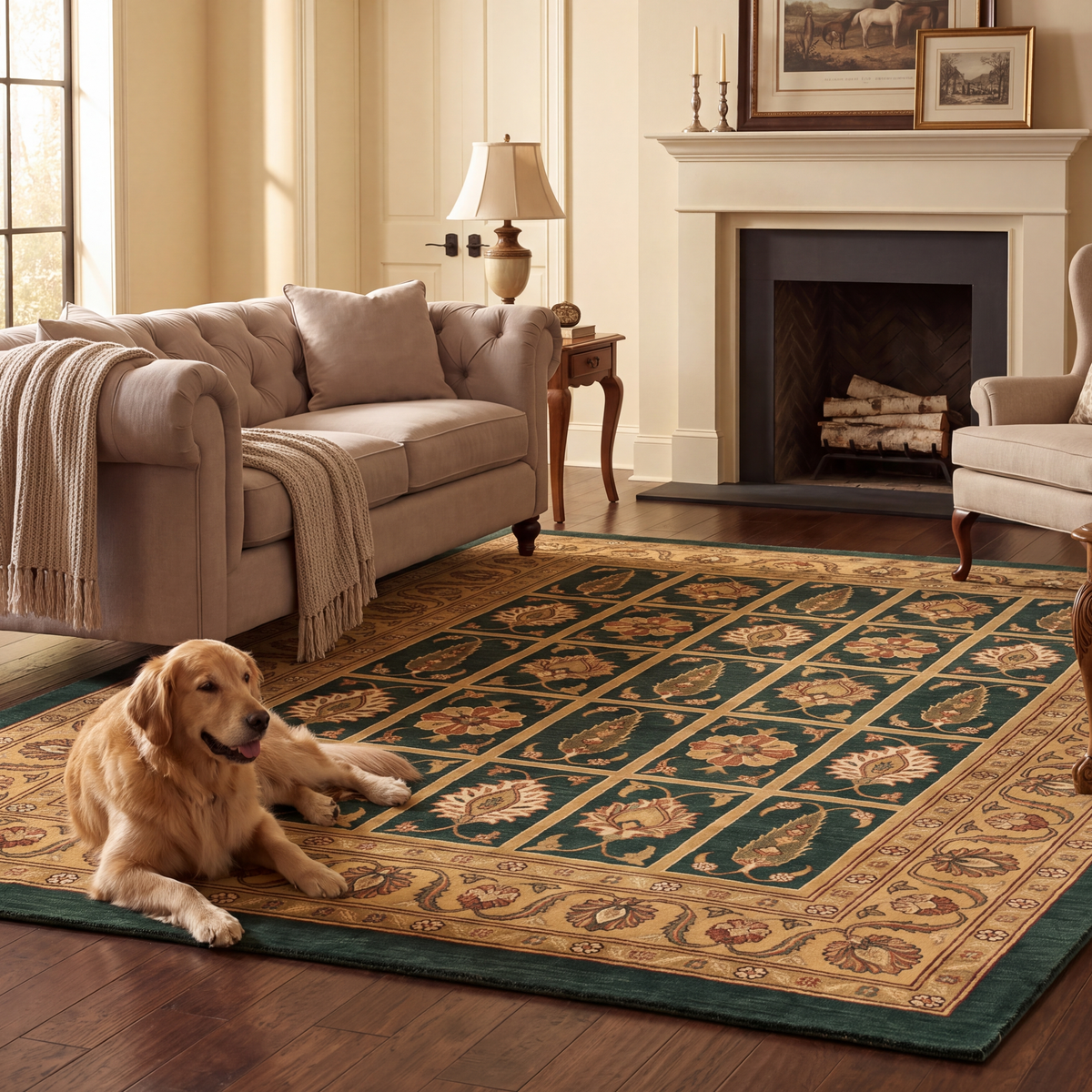 A dog resting on the rug in a living room.