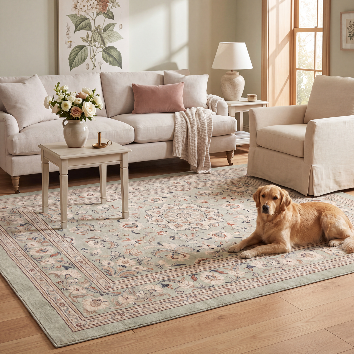 A dog resting on the rug in a living room.