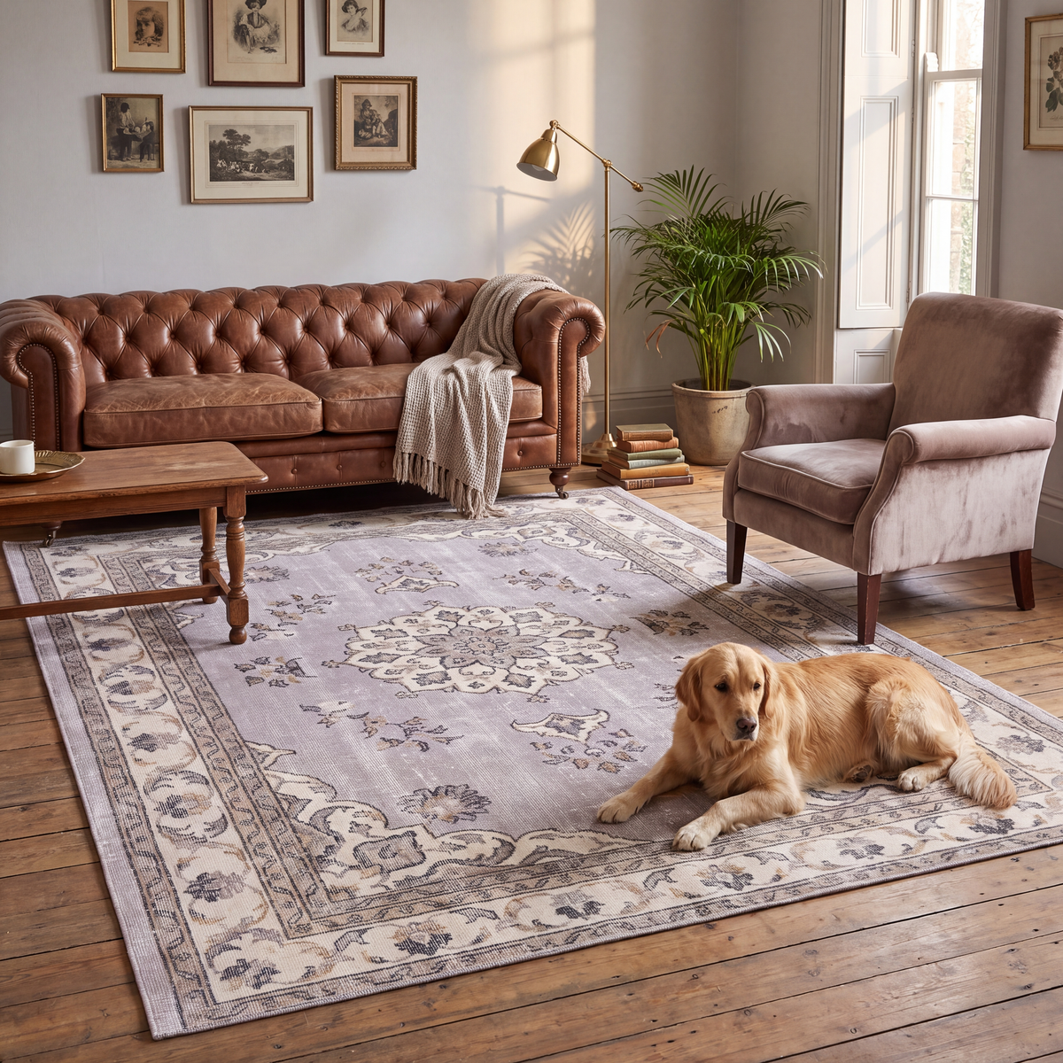 A dog resting on the rug in a living room.