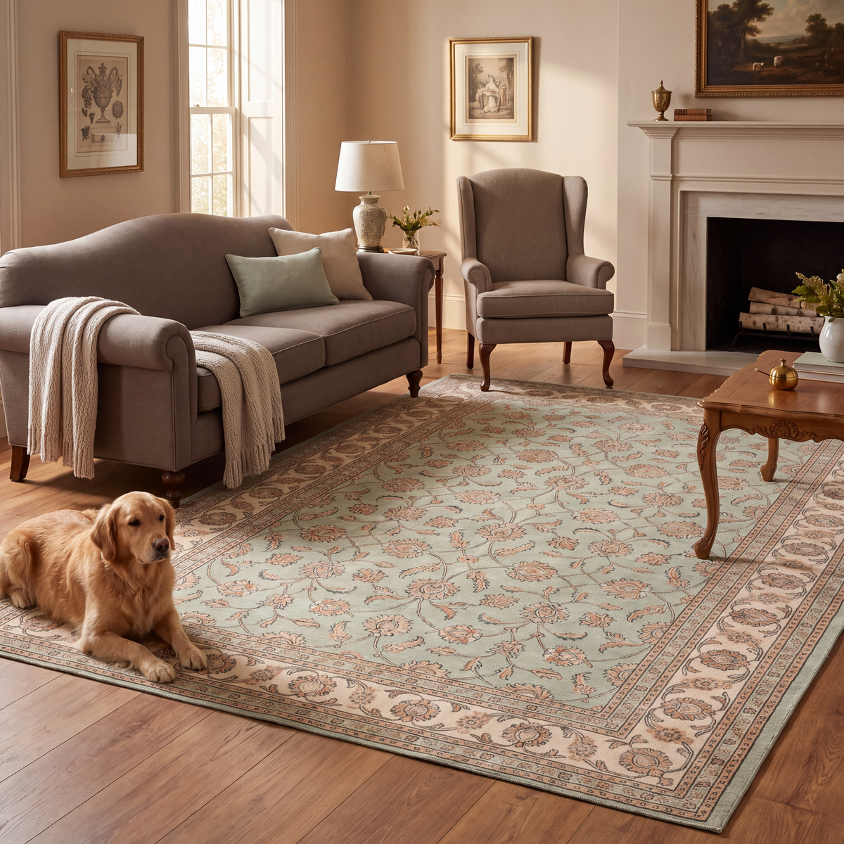 A dog resting on the rug in a living room.
