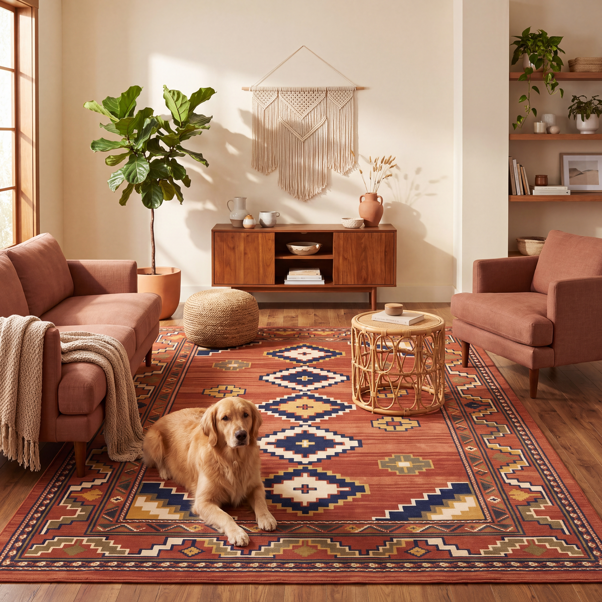 A dog resting on the rug in a living room.