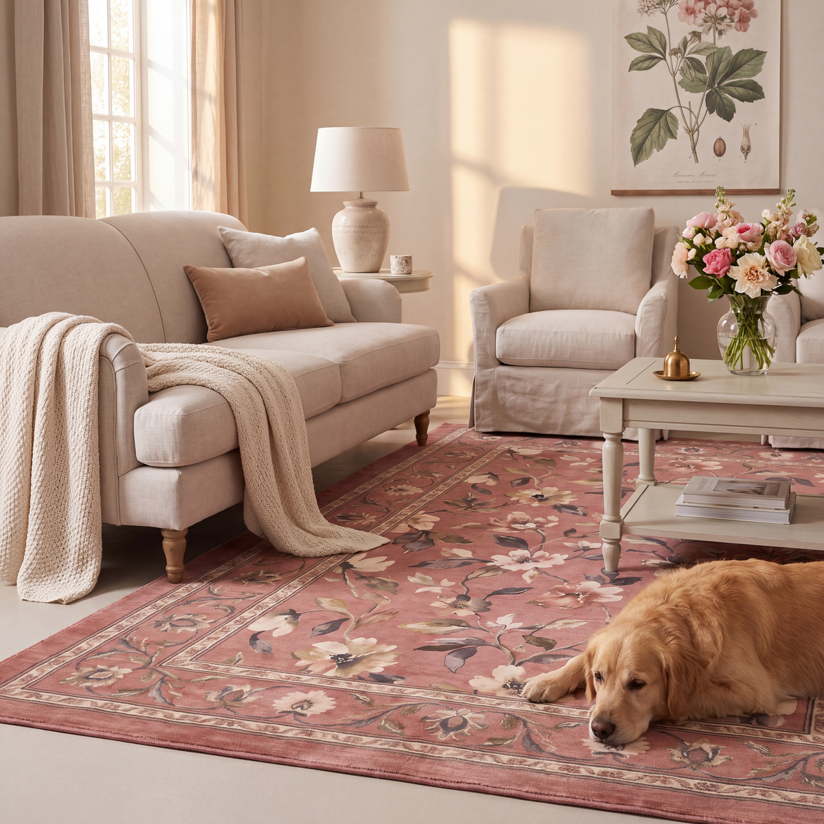 A dog resting on the rug in a living room.