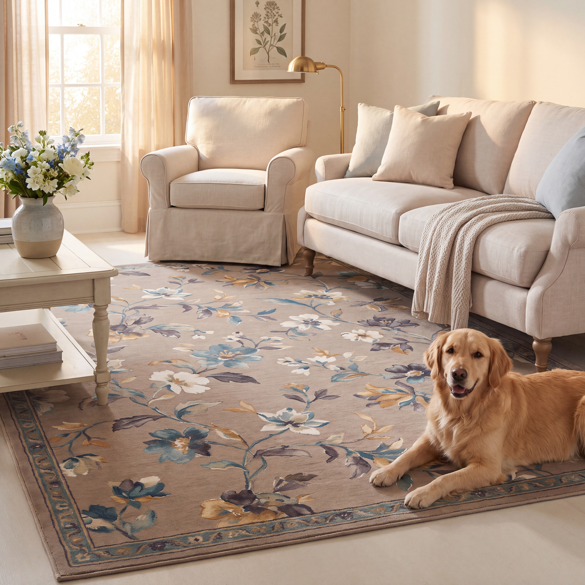 A dog resting on the rug in a living room.