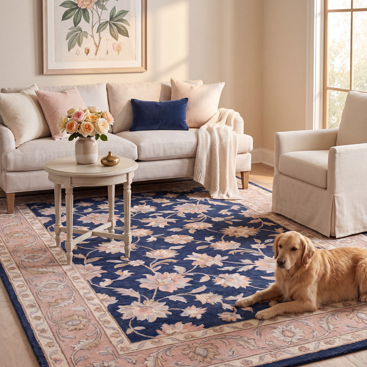A dog resting on the rug in a living room.