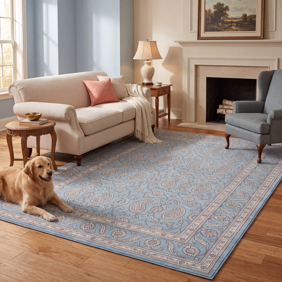 A dog resting on the rug in a living room.