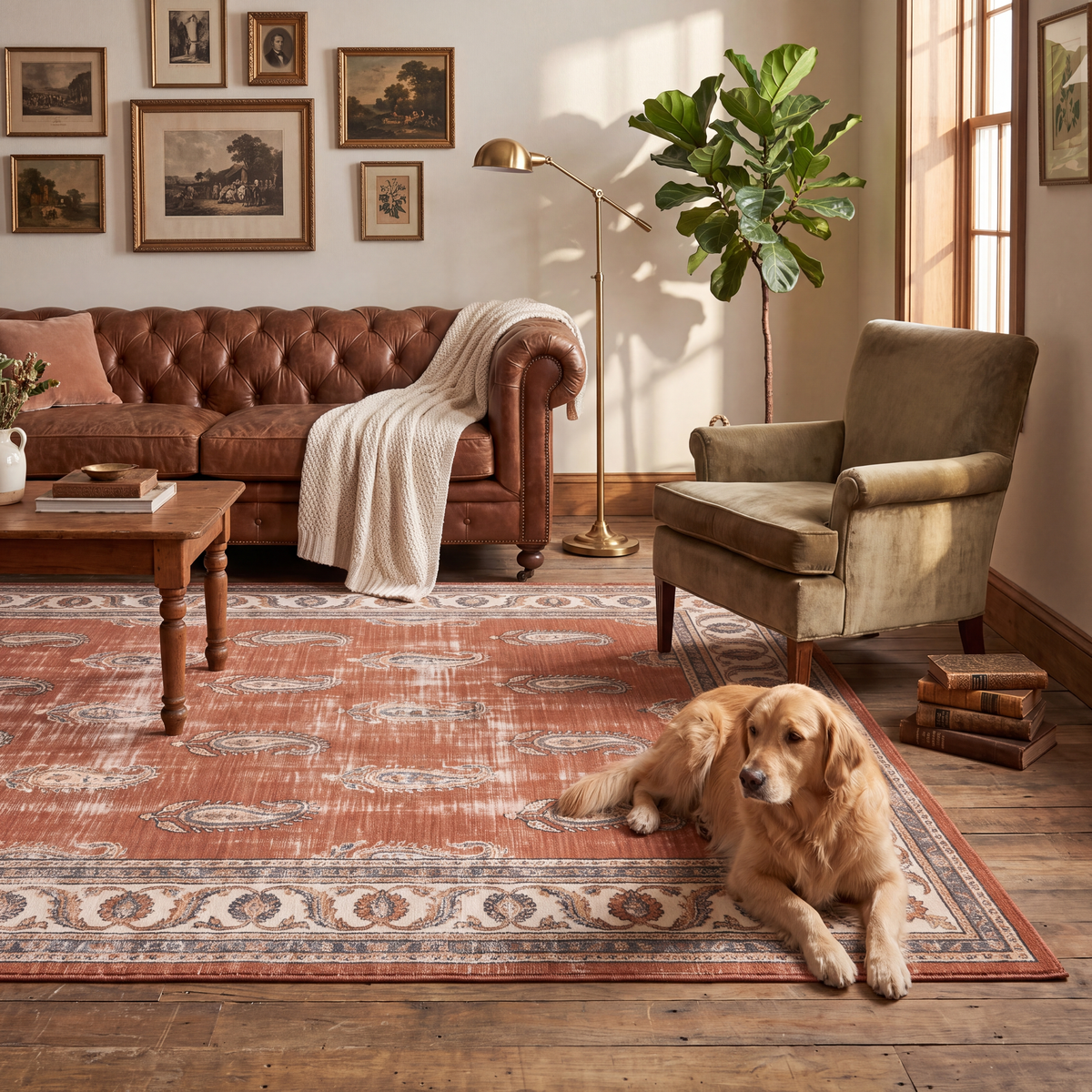 A dog resting on the rug in a living room.