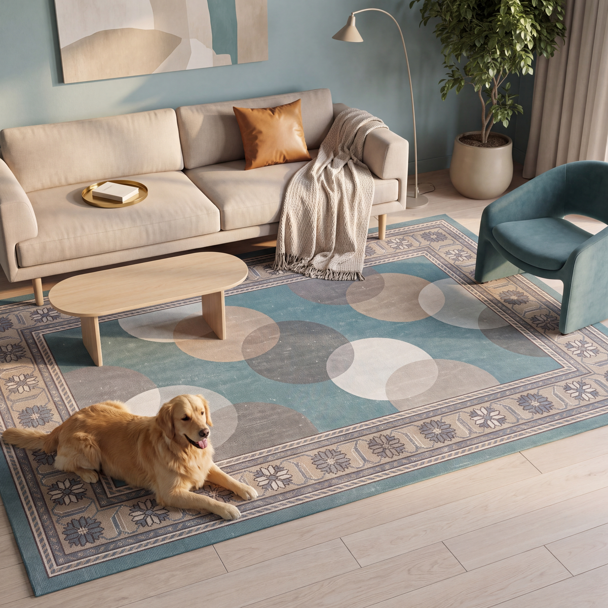 A dog resting on the rug in a living room.