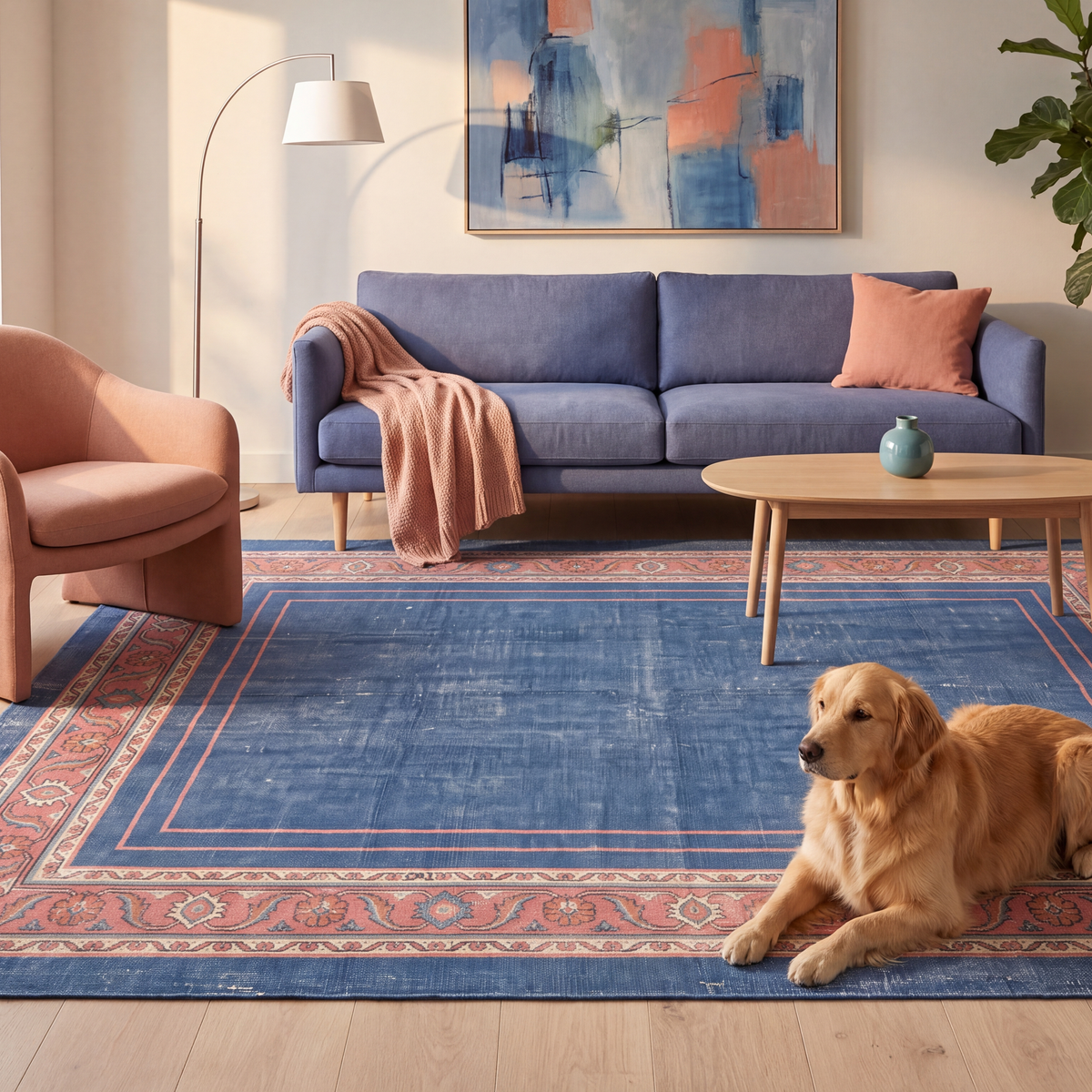A dog resting on the rug in a living room.