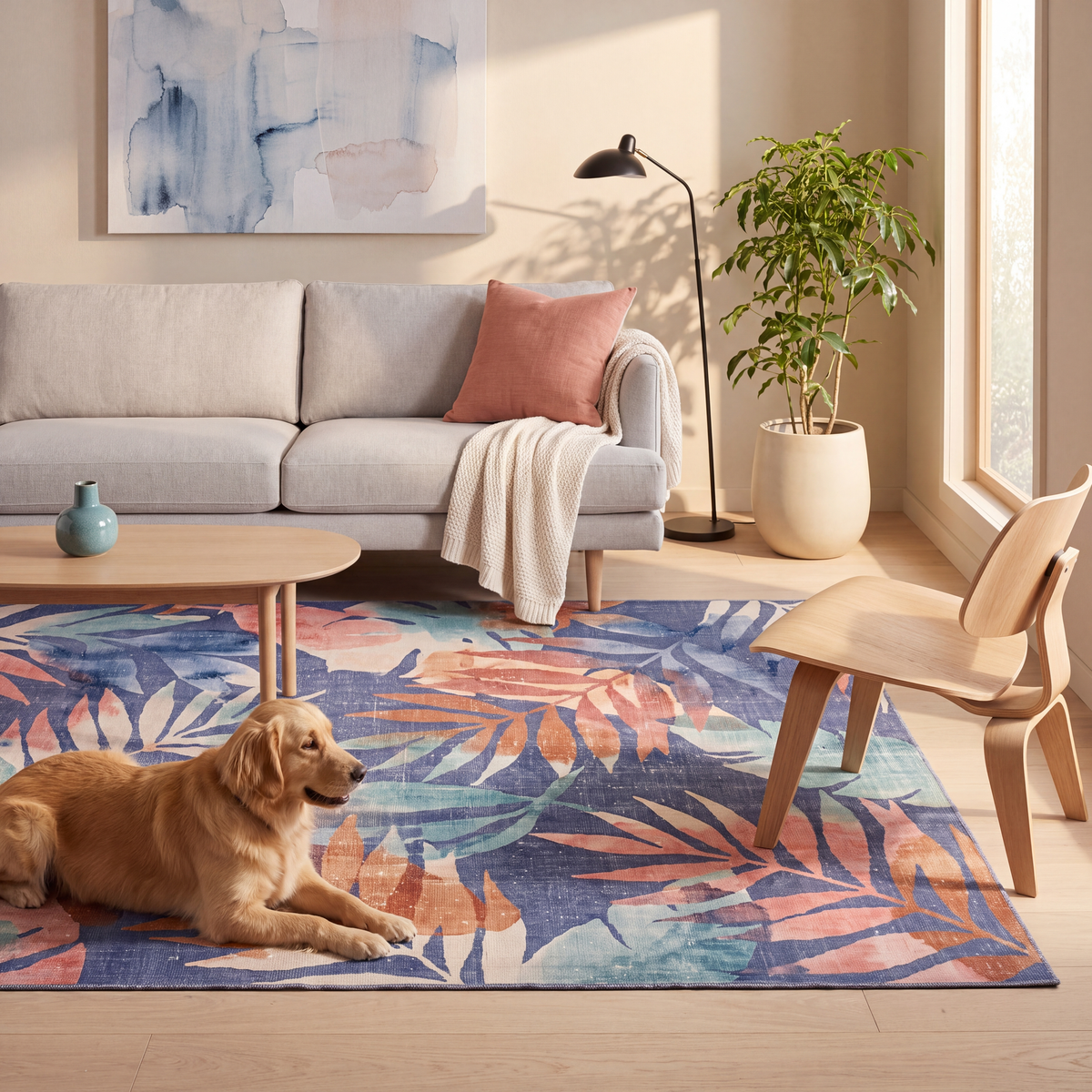 A dog resting on the rug in a living room.