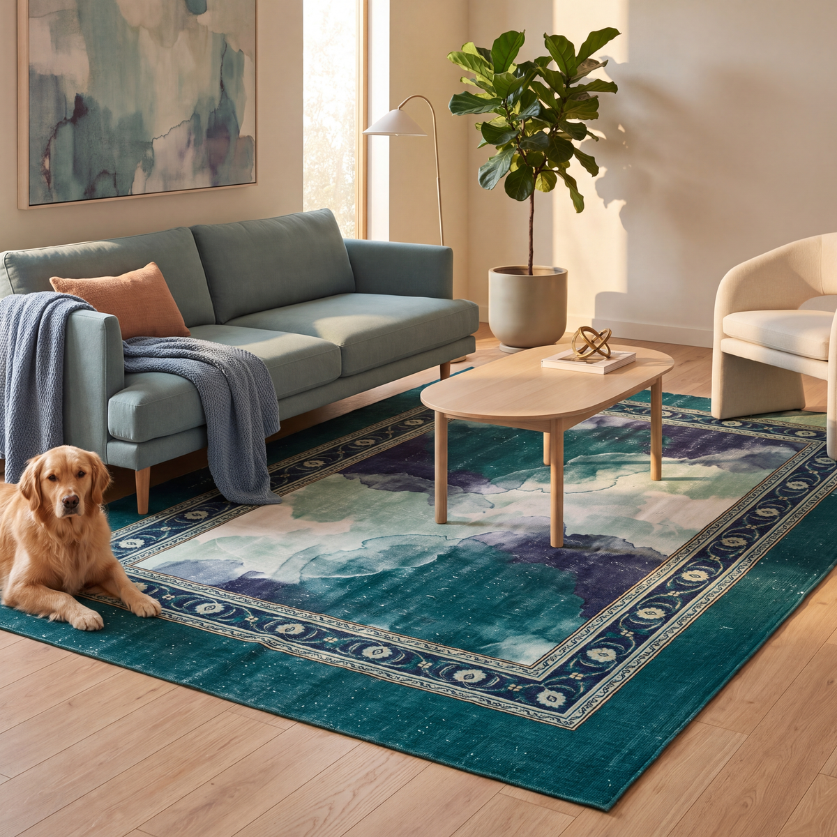 A dog resting on the rug in a living room.